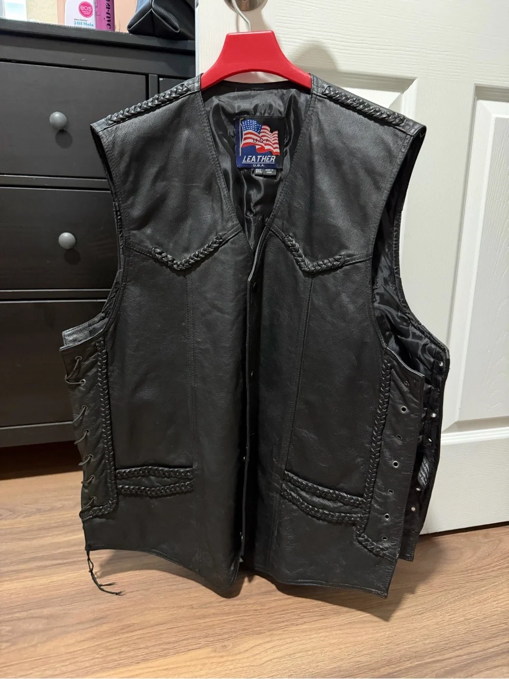 Men's Black Leather Braid-Trim Vest by Leather USA